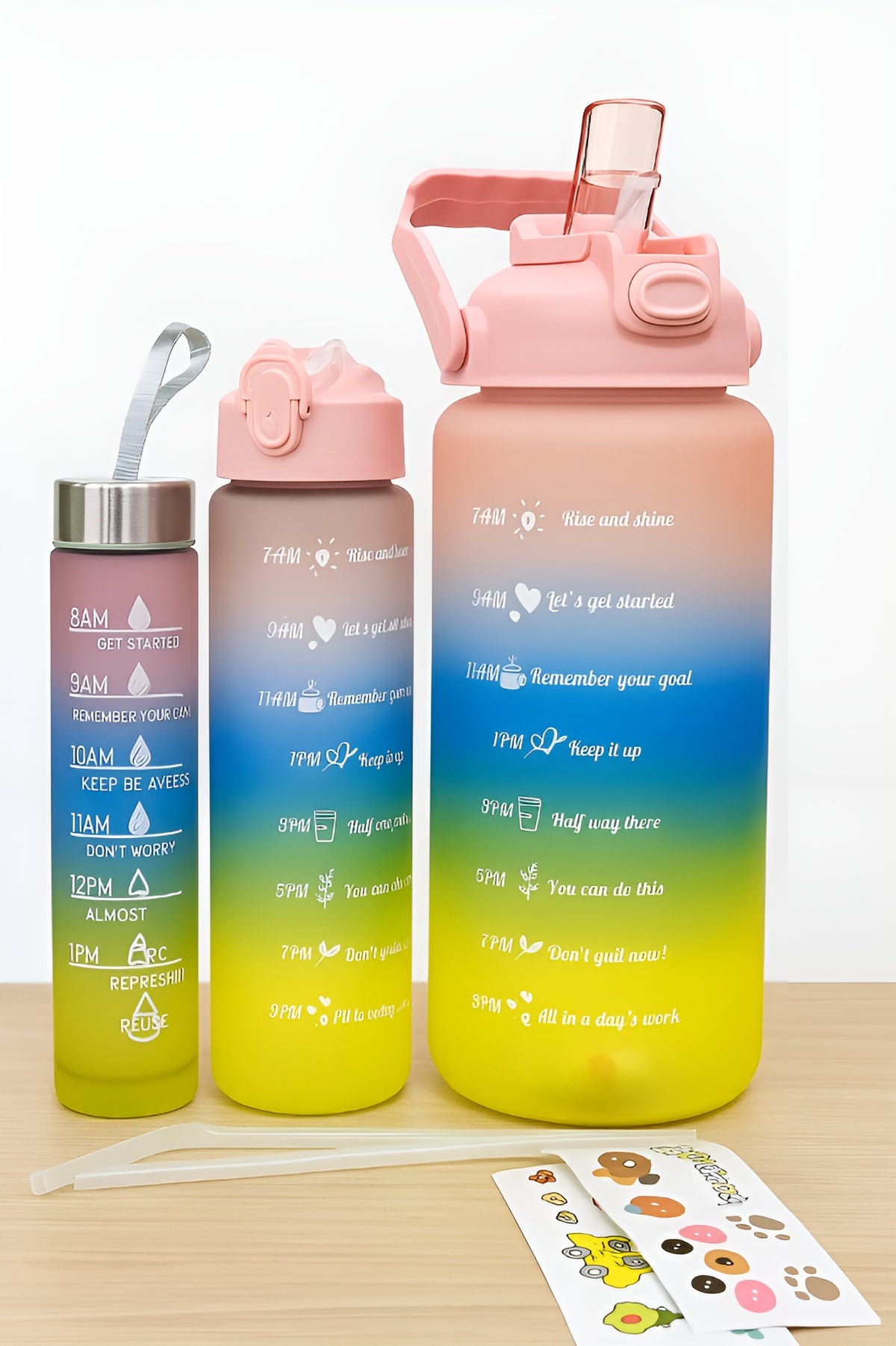 3-Piece Gradient Motivational Water Bottle Set