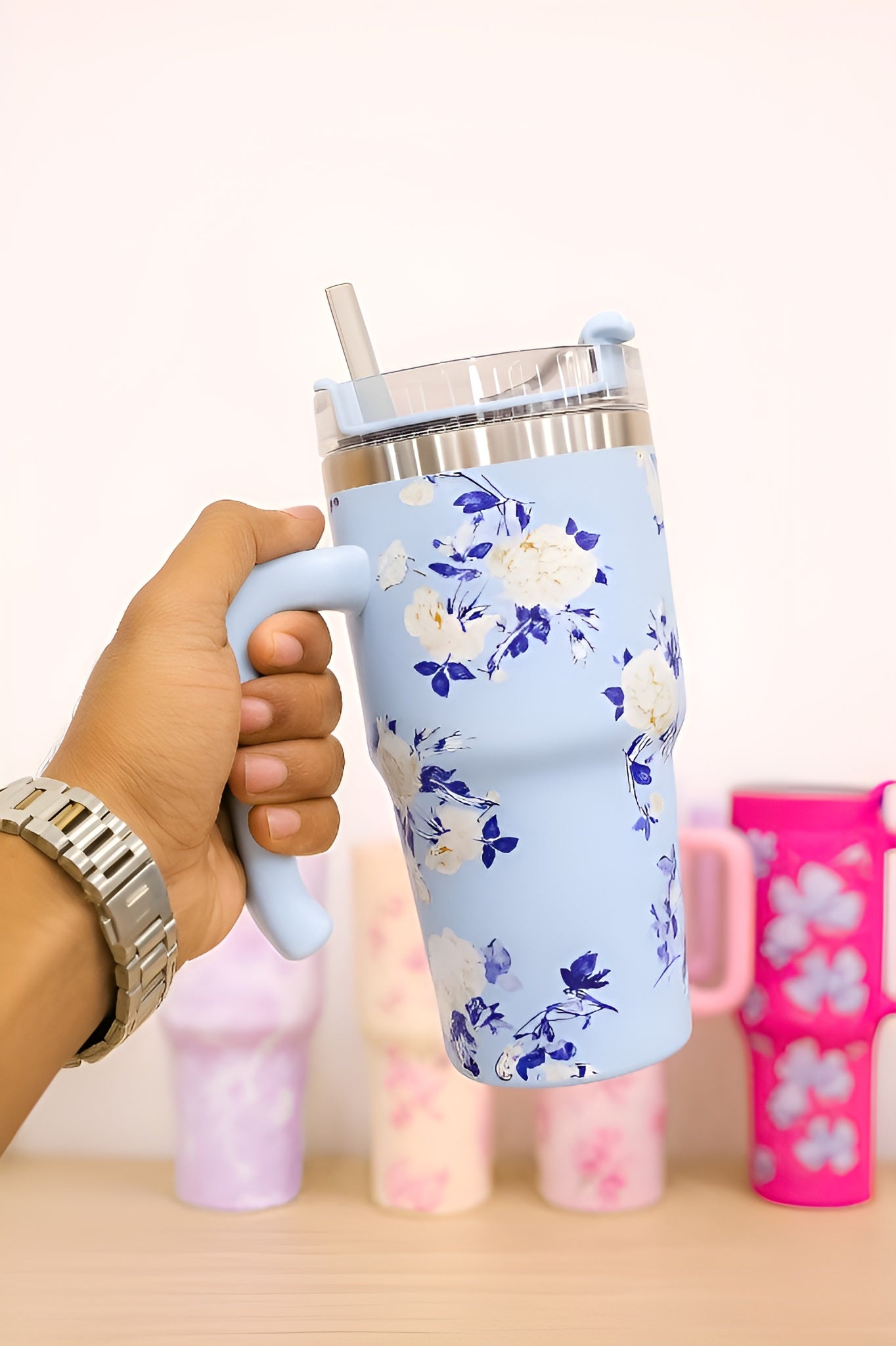 Mini Floral Stainless Steel Tumbler with Handle & Straw