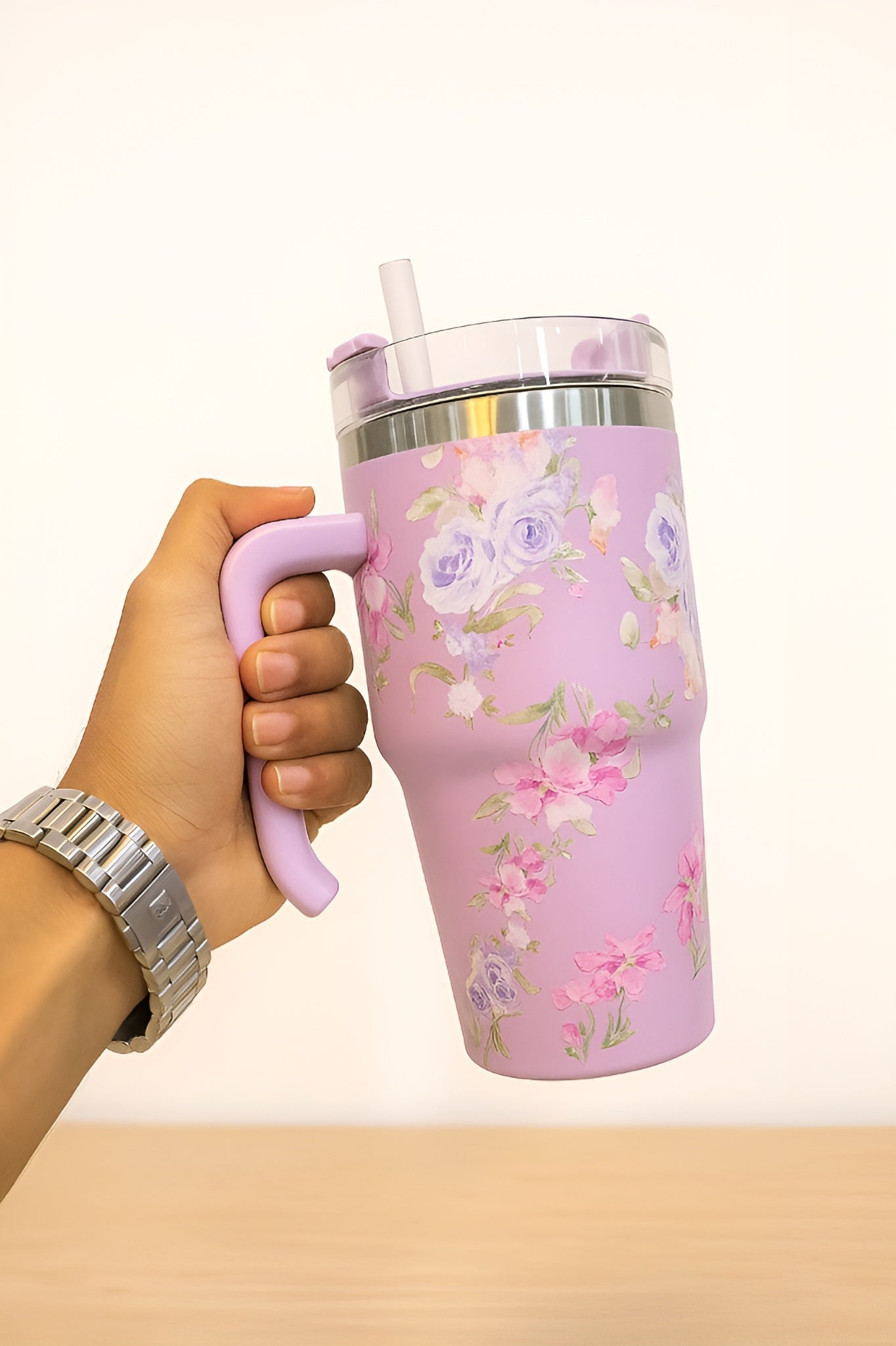 Mini Floral Stainless Steel Tumbler with Handle & Straw
