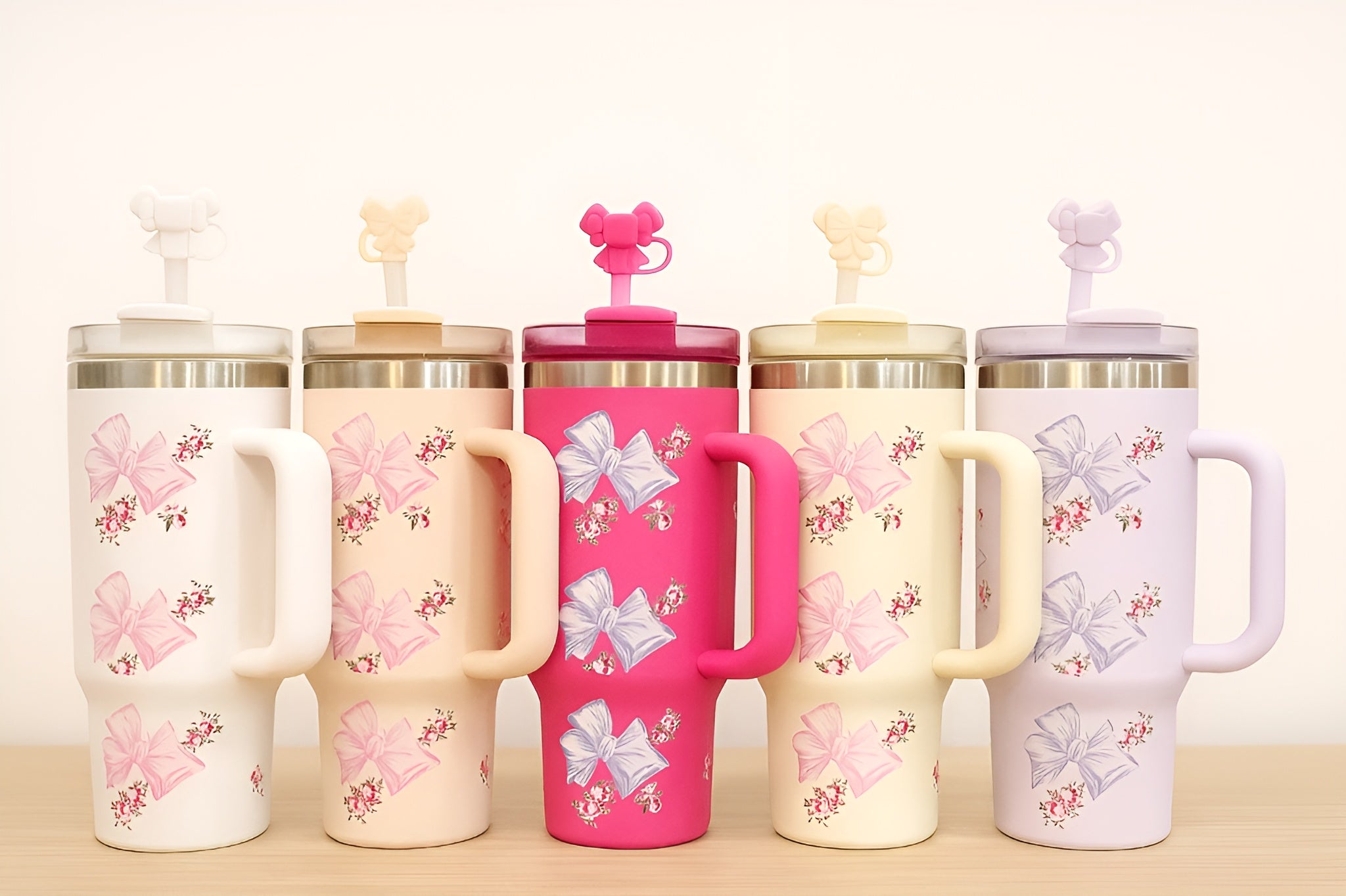 Floral Bow Insulated Tumblers with Handle & Straw